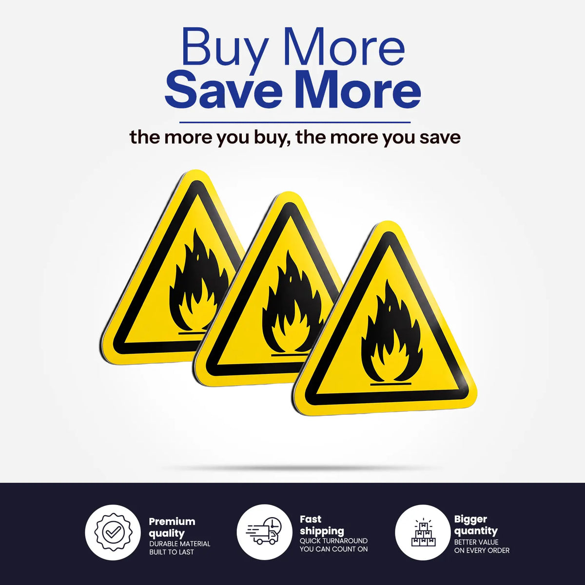 Three yellow triangular fire hazard warning signs with black borders and flame symbols, shown on a light gray background with promotional text above and a dark footer with feature icons.