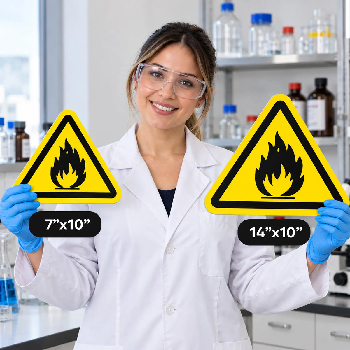 A woman in a white lab coat and safety glasses holds two yellow triangular flammable hazard signs with black borders and flame symbols. One sign is labeled 7"x10" and the other 14"x10".