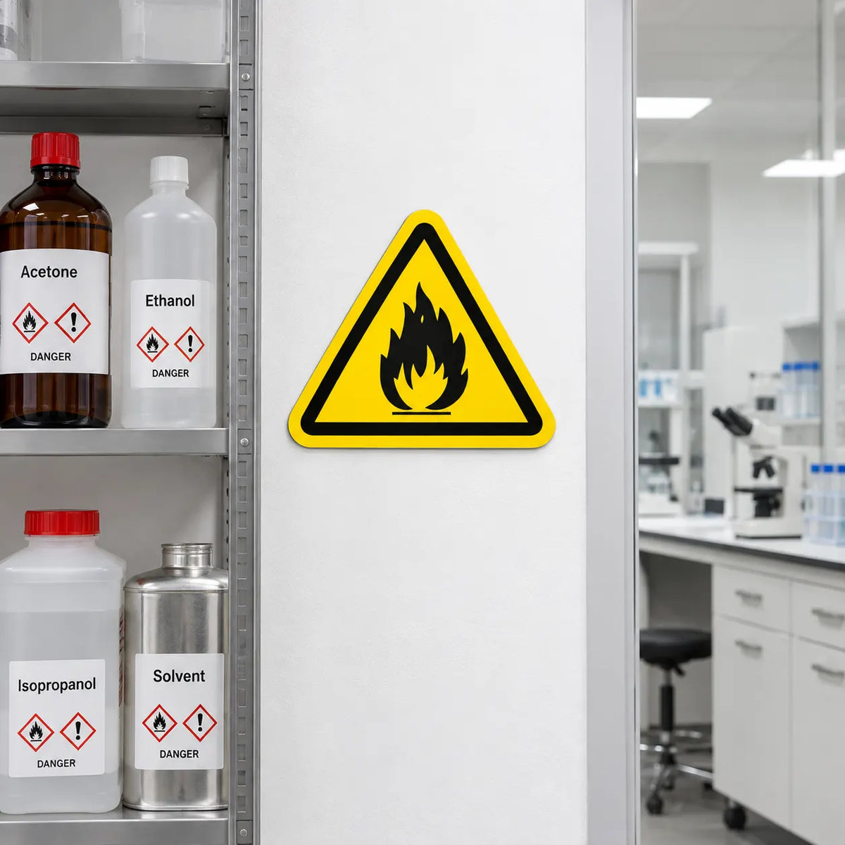 A yellow triangular flammable hazard sign with a black flame symbol, mounted on a white laboratory cabinet next to shelves containing labeled bottles of acetone, ethanol, isopropanol, and solvent.