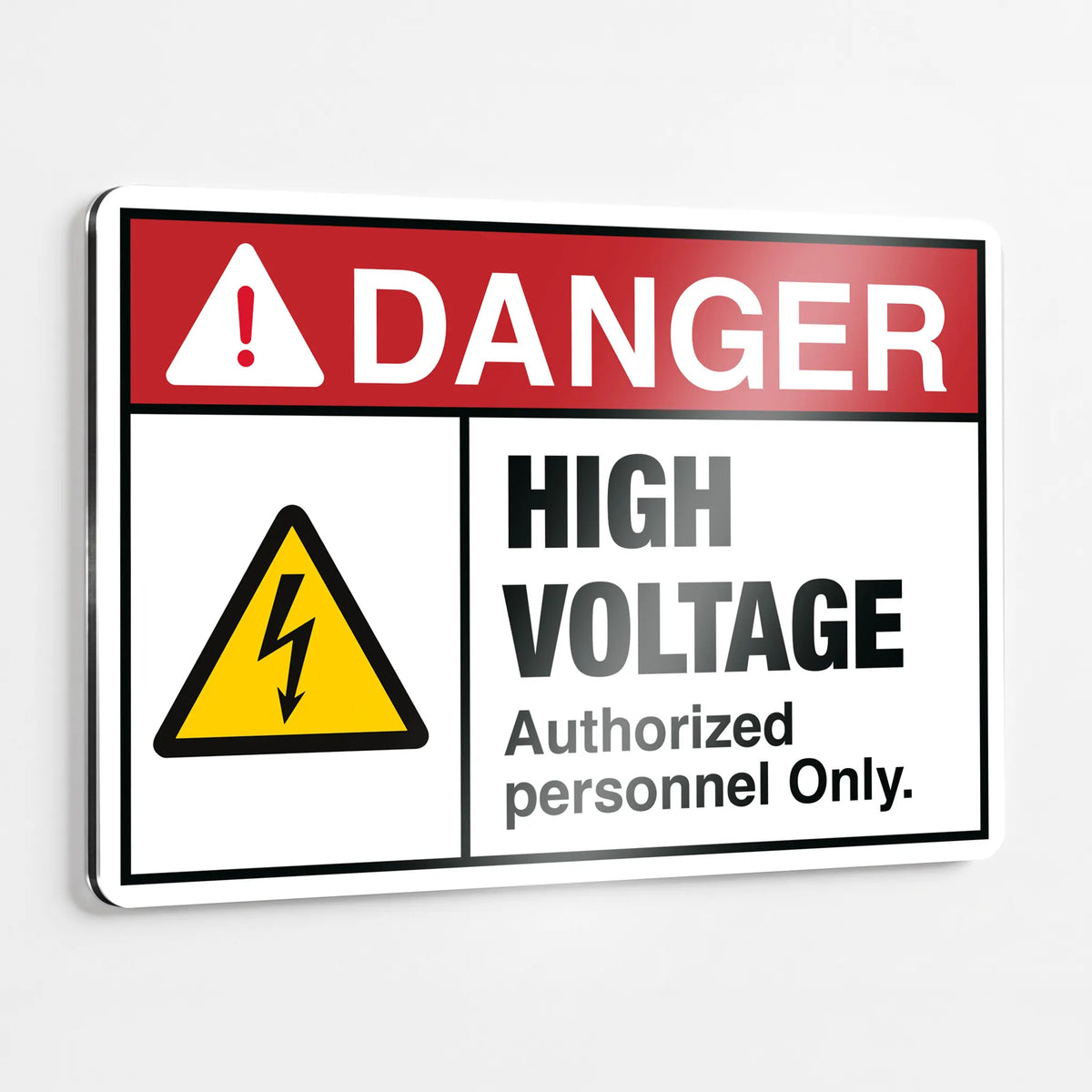 ANSI Z535.2-2023 Danger High Voltage Authorized Personnel Only sign with ISO 7010 W012 electrical hazard symbol and Safety Red DANGER header on heavy-duty .040 aluminum