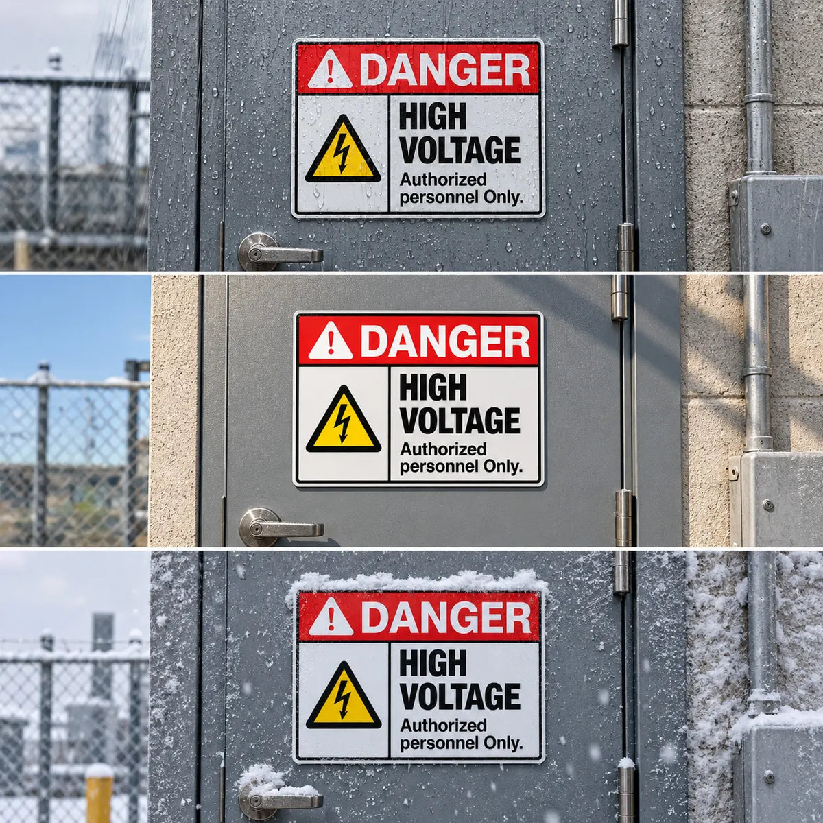 Three stacked photos show a high-voltage warning sign mounted on a gray metal utility door outdoors. The sign reads “DANGER HIGH VOLTAGE Authorized personnel Only” with a red header, white background, and yellow lightning-bolt icon.