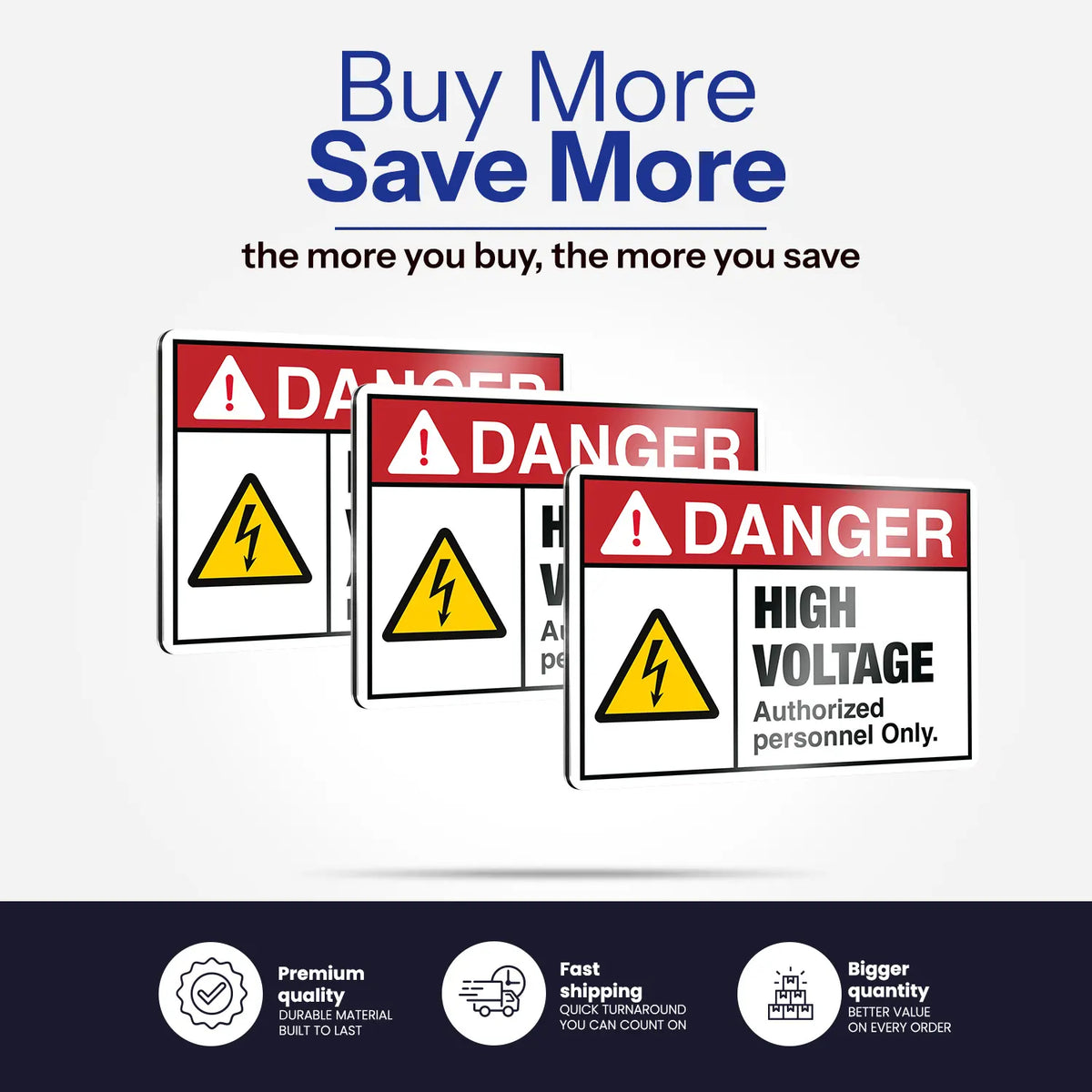 Three overlapping high-visibility warning signs with red headers, yellow hazard triangles, and black text reading DANGER and HIGH VOLTAGE, shown on a light gray background with promotional text above and feature icons below.