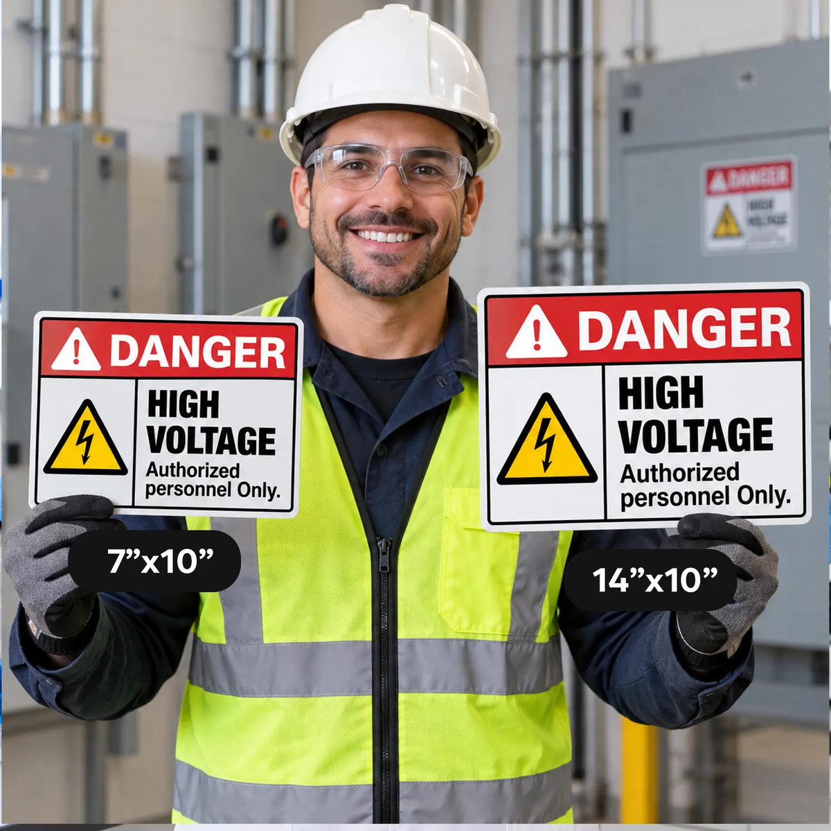 A smiling man in a white hard hat, safety glasses, and a high-visibility vest holds two 'DANGER HIGH VOLTAGE' warning signs in an industrial setting. One sign is labeled 7"x10" and the other 14"x10".