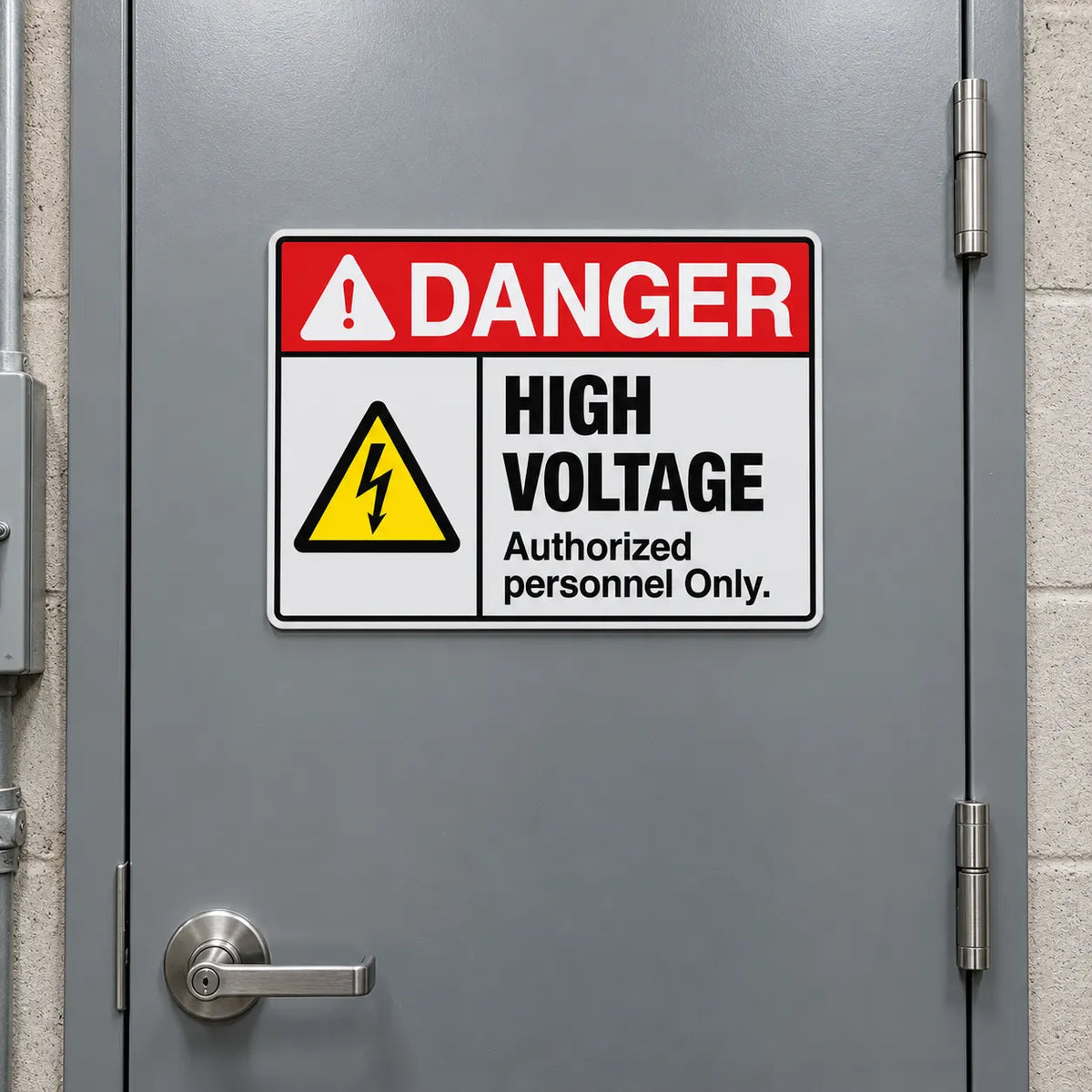 A rectangular high voltage warning sign with a red 'DANGER' header, yellow lightning bolt icon, and black text reading 'HIGH VOLTAGE Authorized personnel Only.' mounted on a gray metal door.
