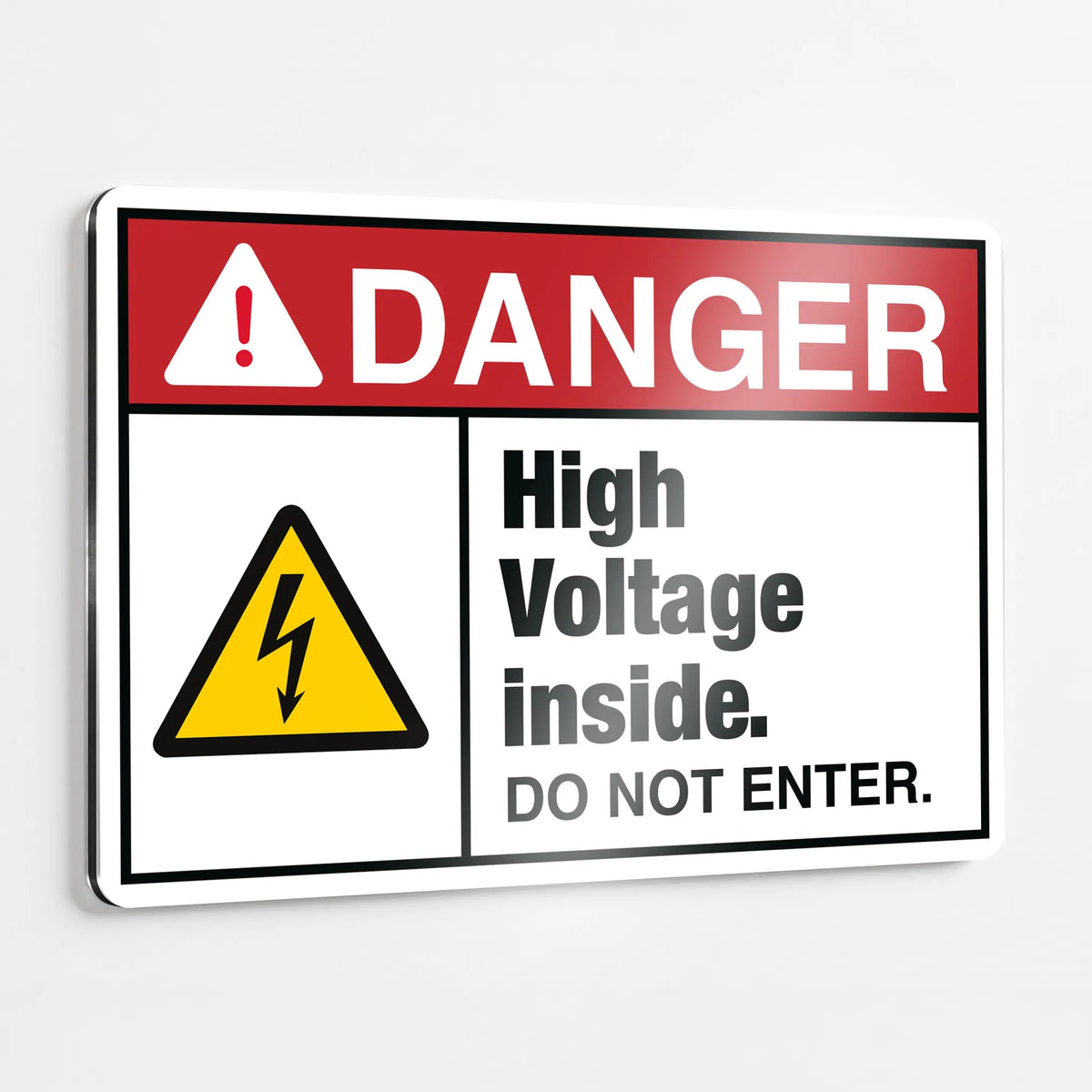 ANSI Z535.2-2023 Danger High Voltage Inside Do Not Enter sign with ISO 7010 W012 yellow electrical hazard triangle and Safety Red DANGER header on heavy-duty .040 aluminum