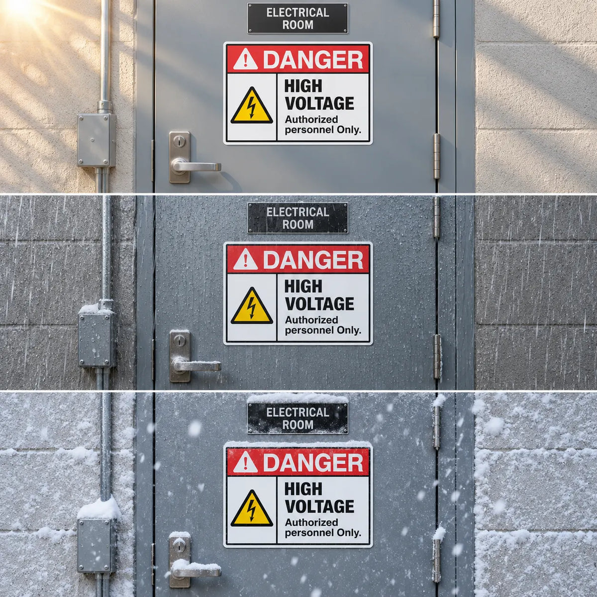 Three stacked photos show a gray electrical room door with a prominent high-voltage danger sign. The top photo has no snow, the middle has light snow, and the bottom has heavy snow falling on the door.
