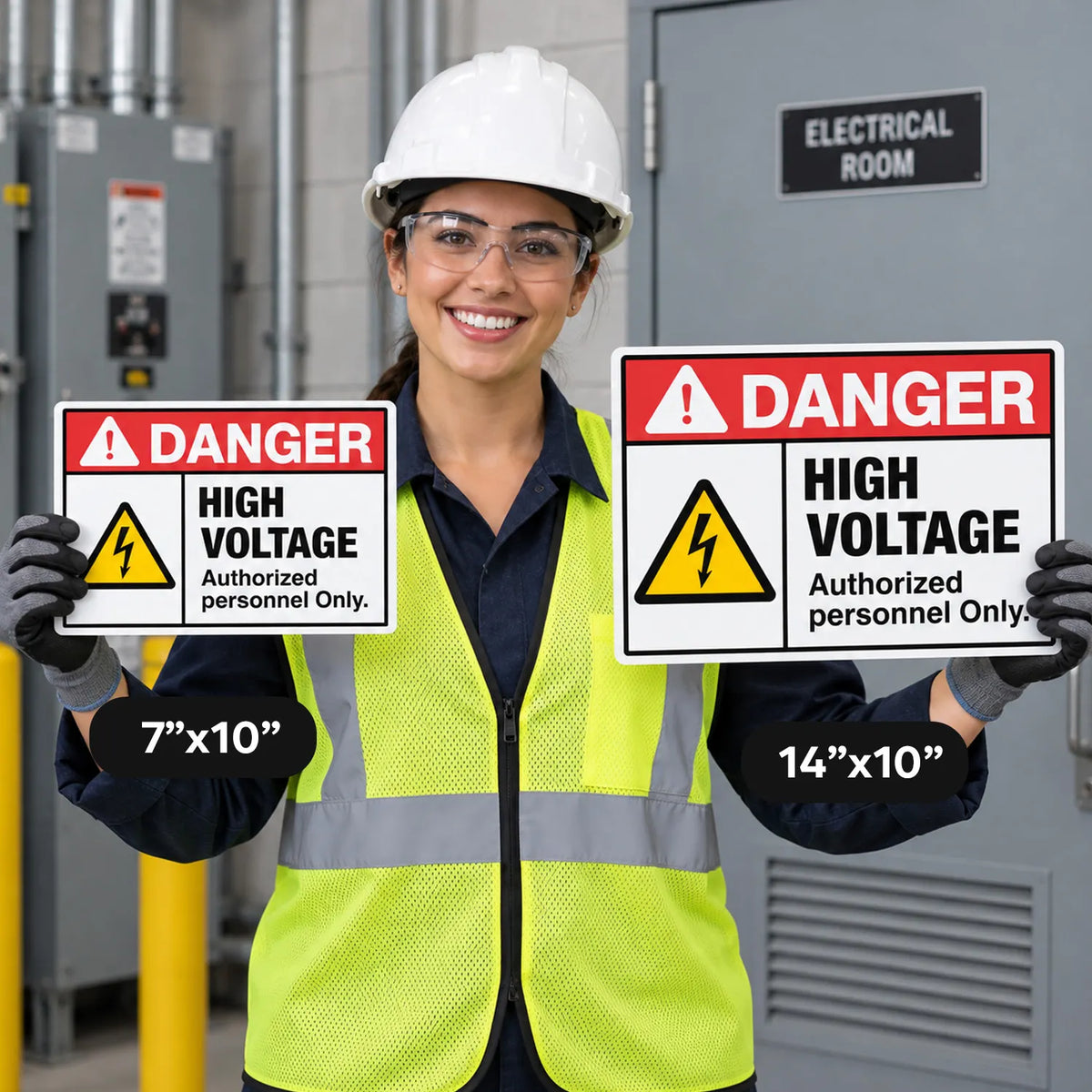 A woman in a white hard hat and high-visibility vest holds two high-voltage warning signs in an electrical room setting. One sign is labeled 7"x10" and the other 14"x10".