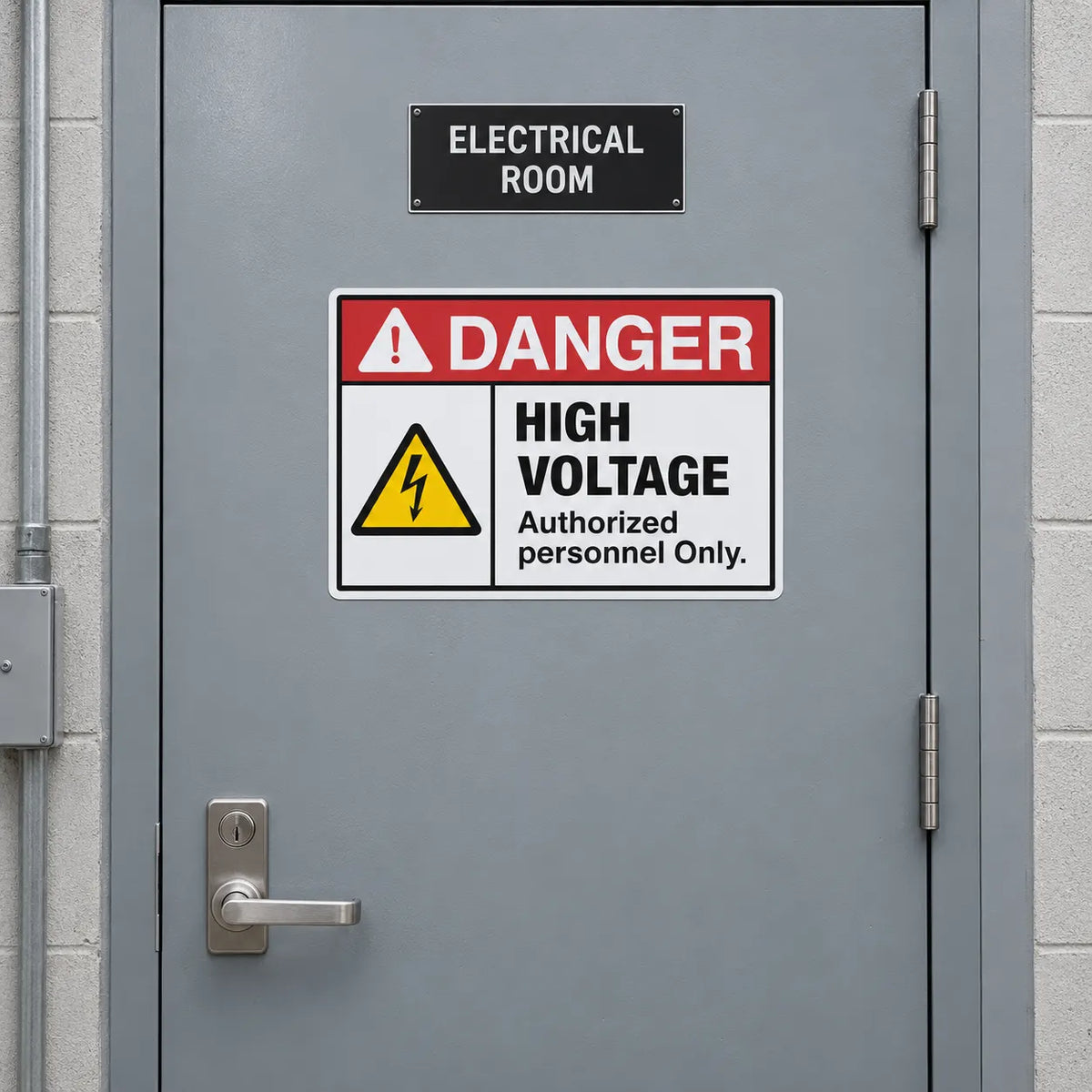 A high voltage warning sign with a yellow lightning bolt symbol and the text 'HIGH VOLTAGE Authorized personnel Only.' mounted on a gray metal electrical room door, with a smaller 'ELECTRICAL ROOM' sign above it.