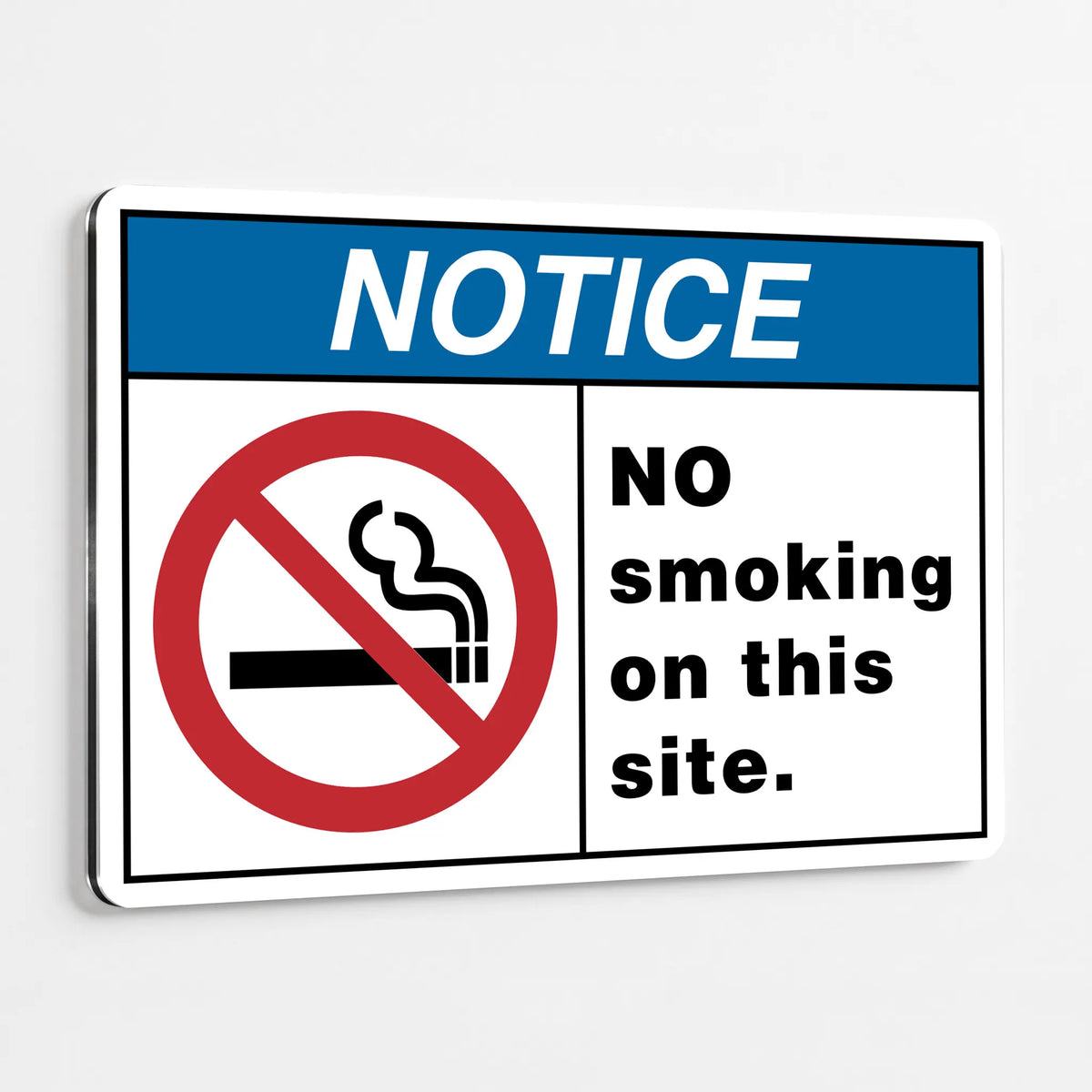 ANSI Z535.2-2023 Notice No Smoking on This Site sign with ISO 7010 P002 symbol and Safety Blue NOTICE header on heavy-duty .040 aluminum, construction and campus site use