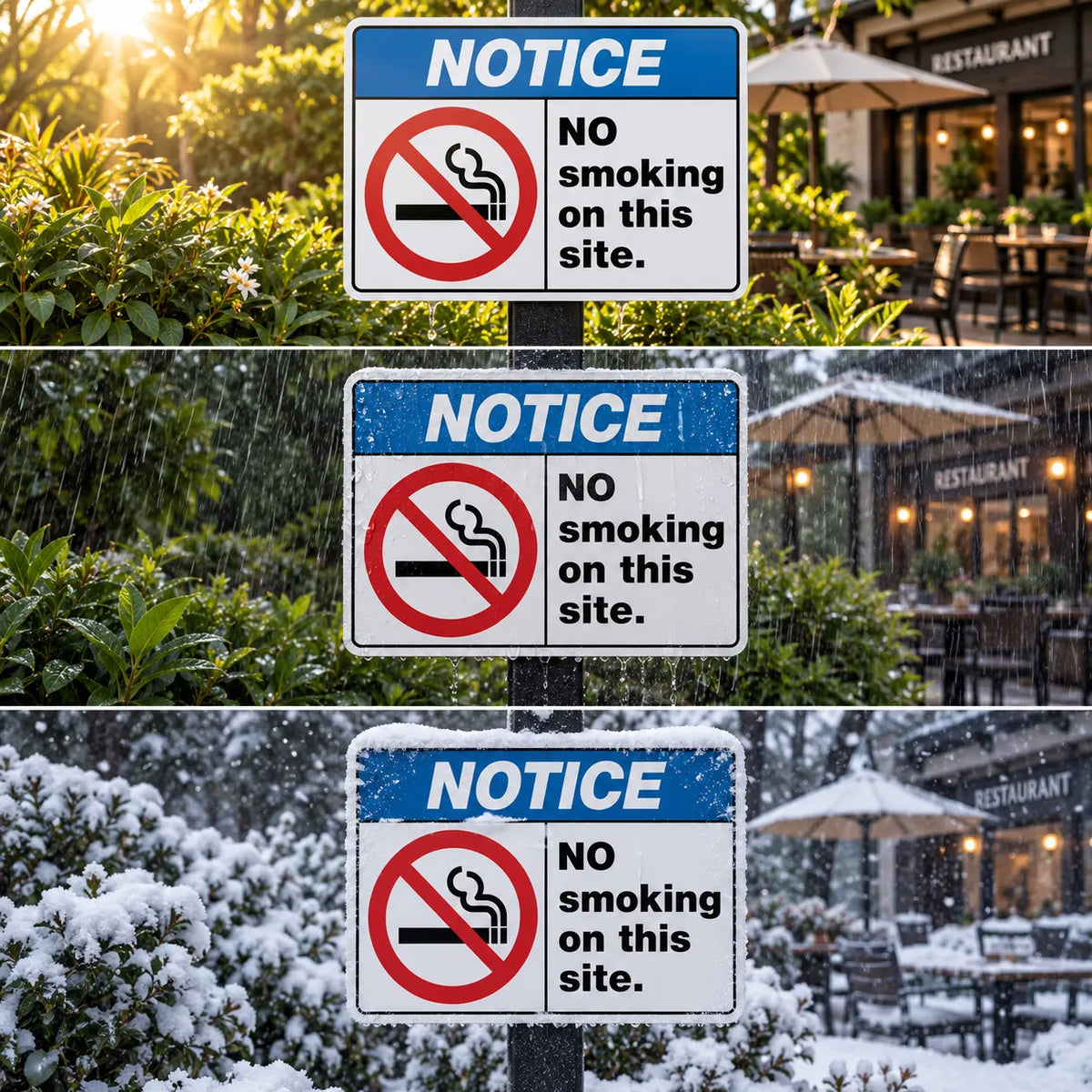 Three stacked panels show a rectangular 'NOTICE' smoking prohibition sign mounted outdoors. The sign has a blue header, white background, red circle-with-cross-out icon, and black text reading 'NO smoking on this site.