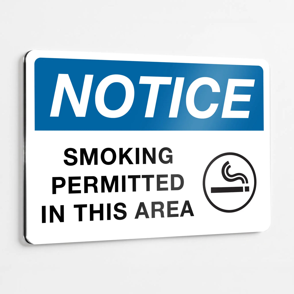 ANSI Z535.2-2023 Notice Smoking Permitted in This Area sign with Safety Blue NOTICE header and smoking symbol on heavy-duty .040 aluminum, designated smoking area posting