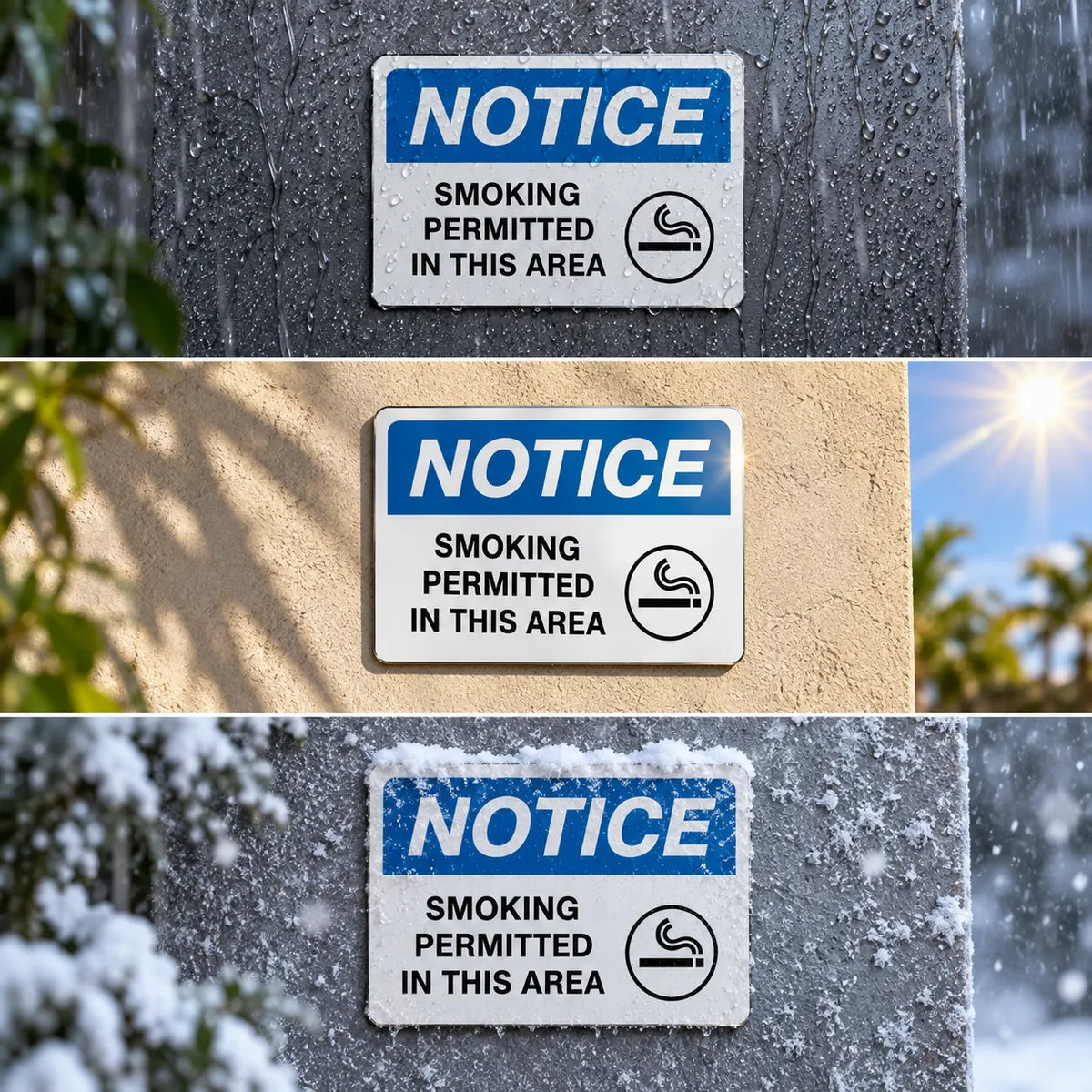 Three outdoor warning signs reading 'NOTICE SMOKING PERMITTED IN THIS AREA' mounted on different surfaces: a dark wet wall, a beige stucco wall, and a gray snowy wall. Each sign has a blue header and a white body with black text and a smoking icon.
