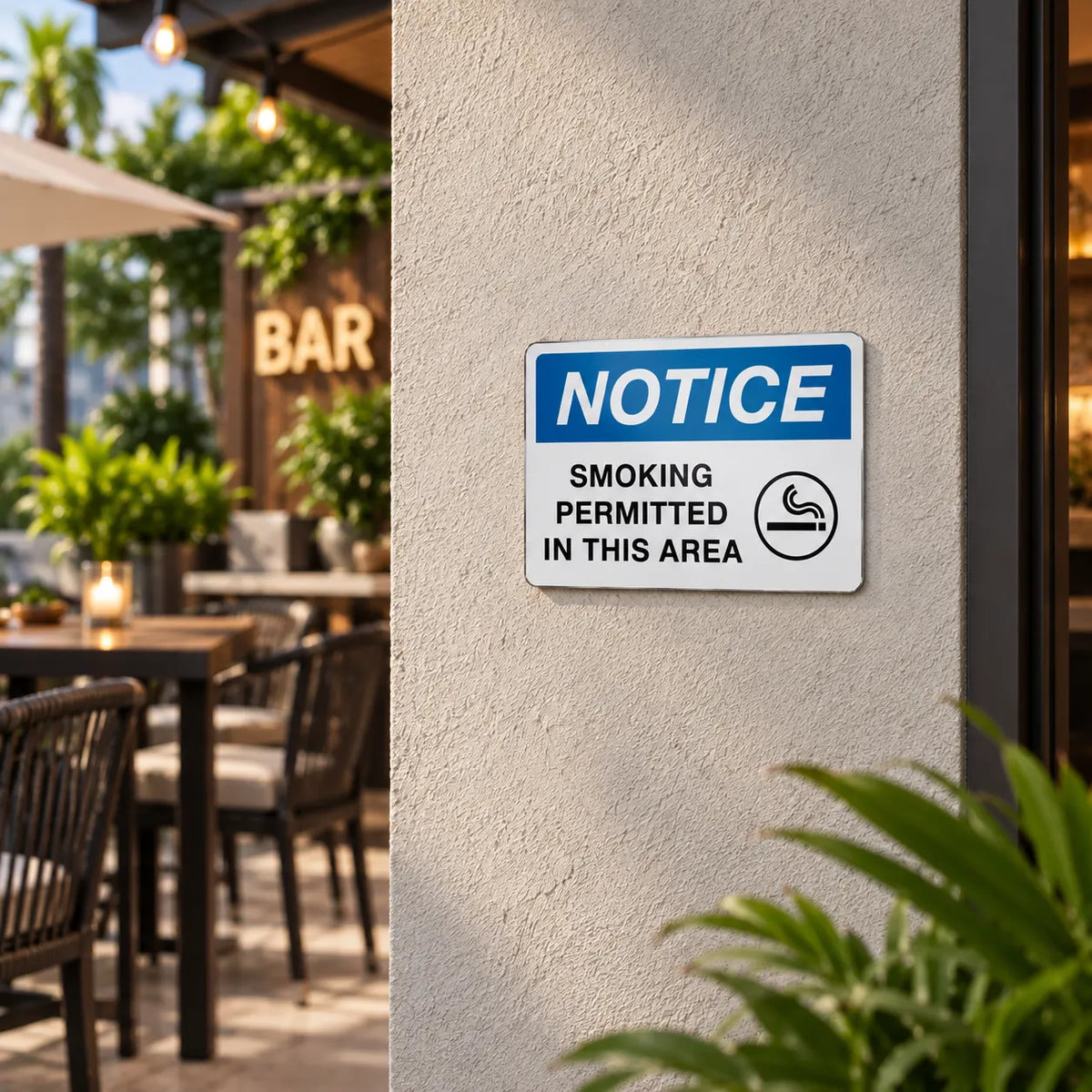 A rectangular smoking notice sign mounted on a textured beige wall, with a blurred outdoor patio and bar seating in the background.