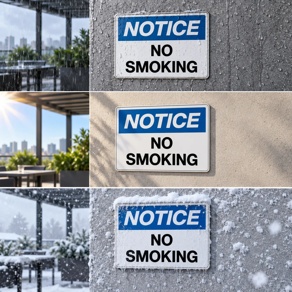 A 3x3 collage showing a rectangular 'NOTICE NO SMOKING' sign mounted on different exterior walls, with three example outdoor scenes on each side: a rainy modern terrace, a sunny patio, and a snowy terrace.