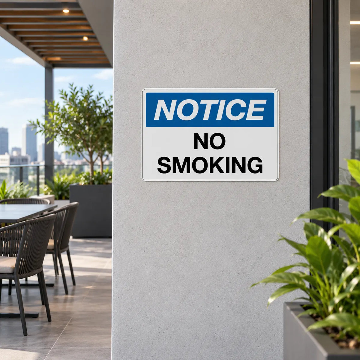 A rectangular 'NOTICE NO SMOKING' sign with a blue header and black text, mounted on a light gray concrete pillar in an outdoor patio setting with dining chairs and potted plants.