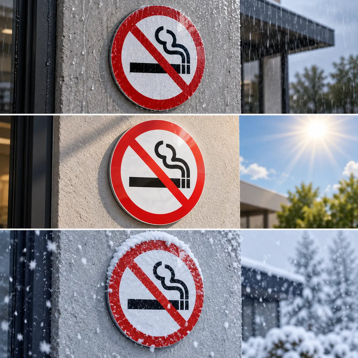 Three circular no smoking signs mounted on exterior walls, shown in different weather conditions: rainy day, sunny day, and snowy day.
