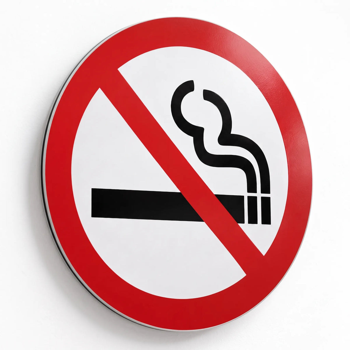 Large round ISO 7010 P002 no smoking prohibition symbol sign on heavy-duty .040 aluminum, red circle with diagonal slash over cigarette graphic, high-visibility format