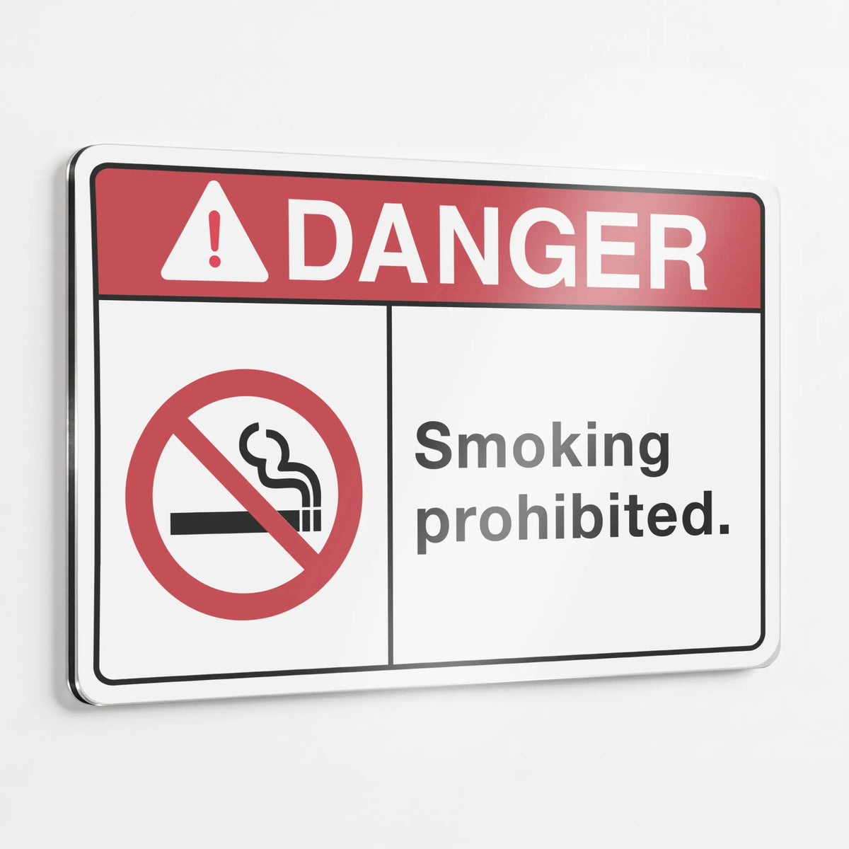 ANSI Z535.2-2023 Danger Smoking Prohibited aluminum sign with ISO 7010 P002 no-smoking symbol and Safety Red DANGER header, heavy-duty .040 aluminum