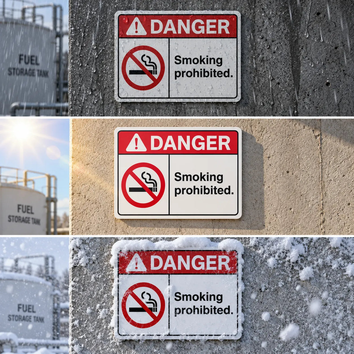 Three stacked photos show a rectangular warning sign mounted on a concrete wall. The sign reads “DANGER” with a smoking prohibition symbol and “Smoking prohibited.