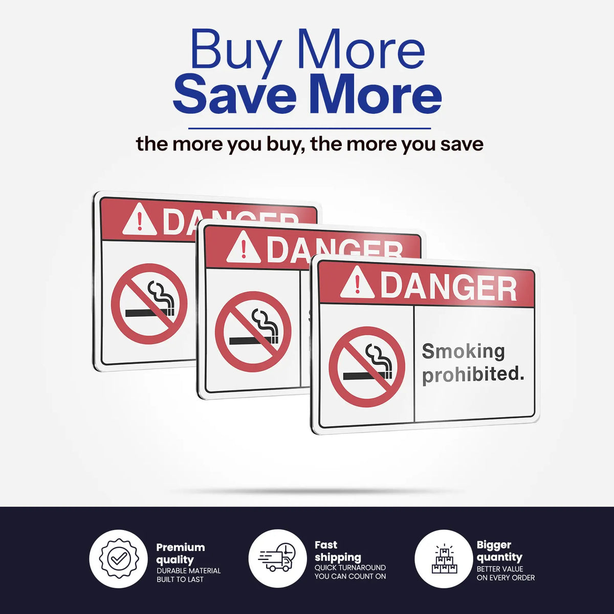 Three rectangular warning signs with red headers reading DANGER and smoking prohibition symbols, shown on a light gray background with promotional text above and feature icons below.