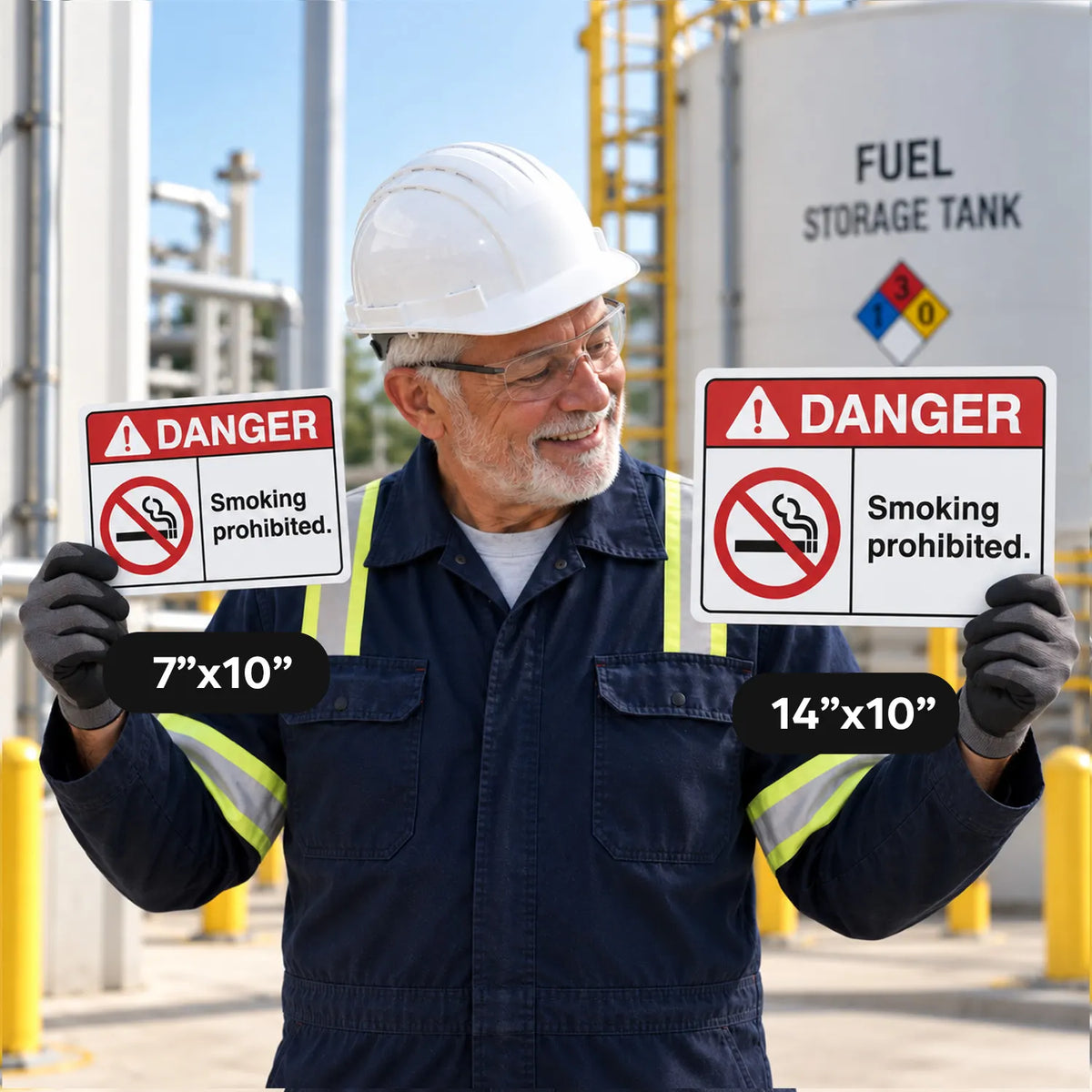 An older male worker in a white hard hat and navy work jacket stands outdoors in front of industrial tanks, holding two Smoking Prohibited signs. One sign is labeled 7"x10" and the other 14"x10".