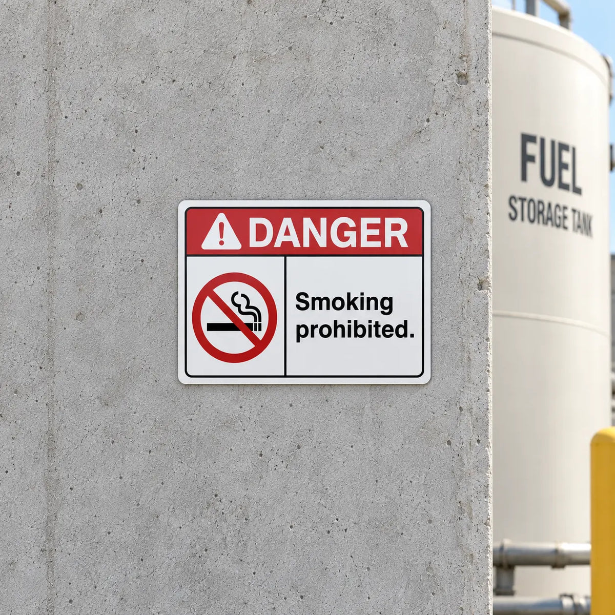 A rectangular warning sign reading 'DANGER Smoking prohibited.' with a smoking ban symbol, mounted on a gray concrete wall next to a white fuel storage tank.