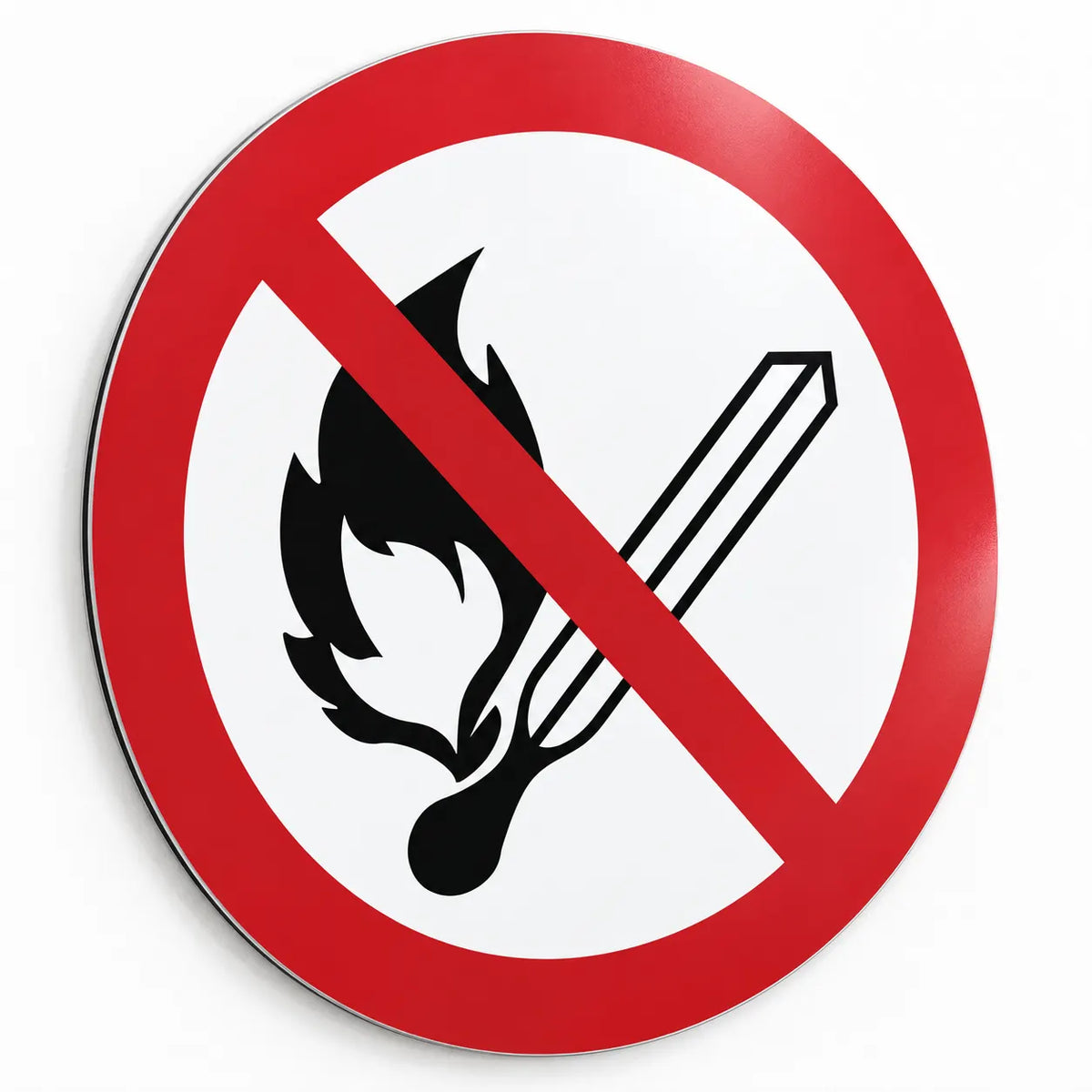 ISO 7010 P003 round no open flames sign, burning match inside red prohibition circle and slash on white, heavy-duty .040 aluminum