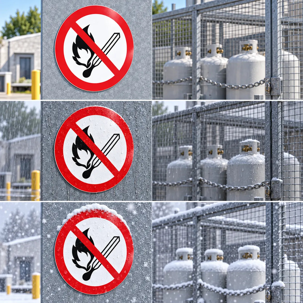 A six-panel collage showing a circular red-and-white no-fire sign mounted outdoors next to metal gas cylinders chained together in snowy and rainy environments.