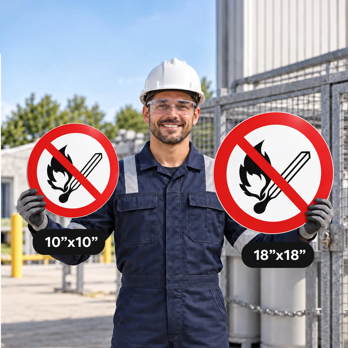 A smiling man in a white hard hat and navy work jumpsuit stands outdoors holding two circular fire prohibition signs. One sign is labeled 10"x10" and the other 18"x18".