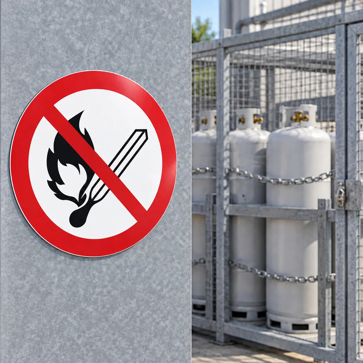 A circular red and white 'no fire' sign with a black match icon, shown on a gray textured wall next to a metal enclosure containing several white gas cylinders.