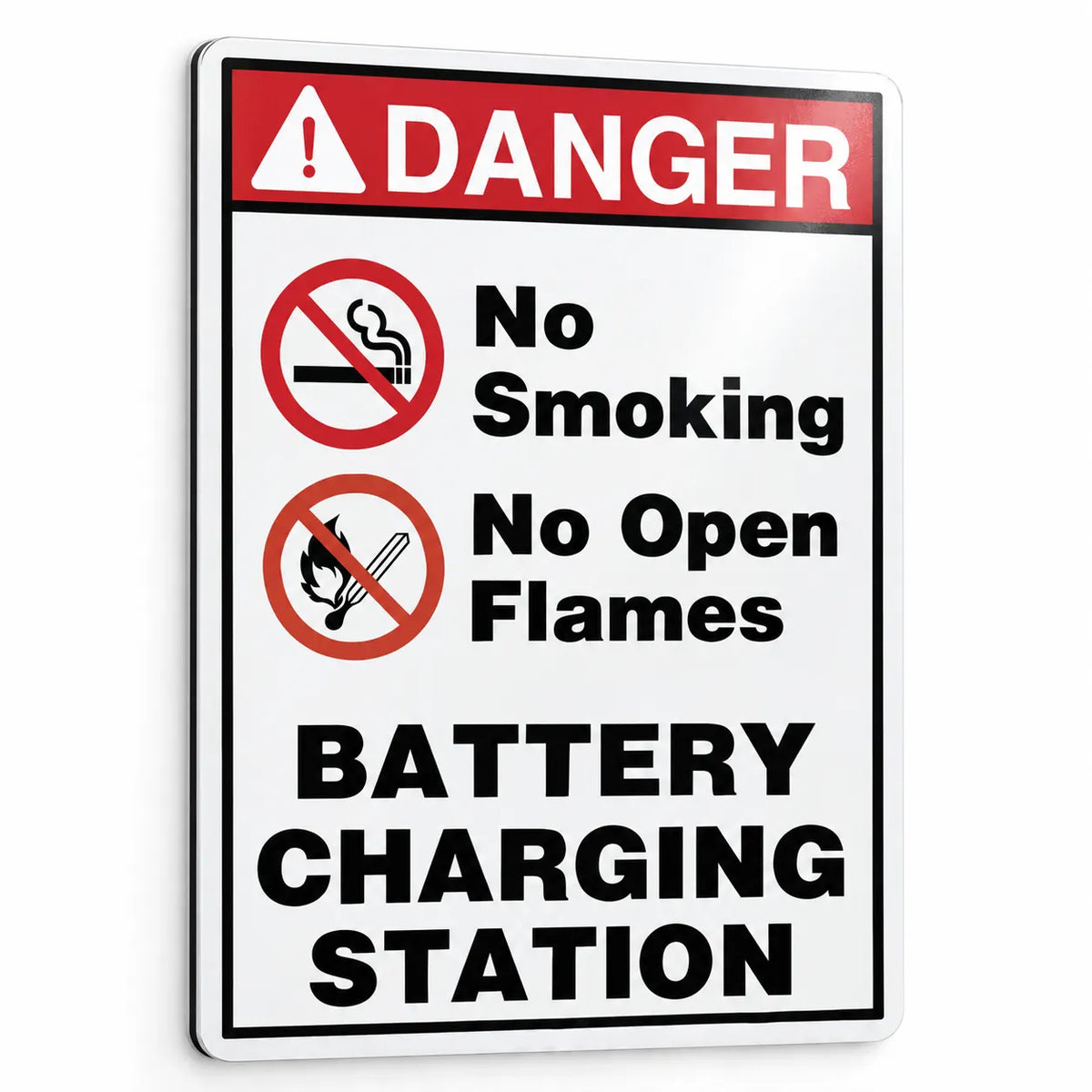 ANSI Z535.2-2023 Danger Battery Charging Station No Smoking No Open Flames aluminum sign with dual ISO 7010 P002 and P003 no-smoking and no-open-flame symbols and Safety Red DANGER header