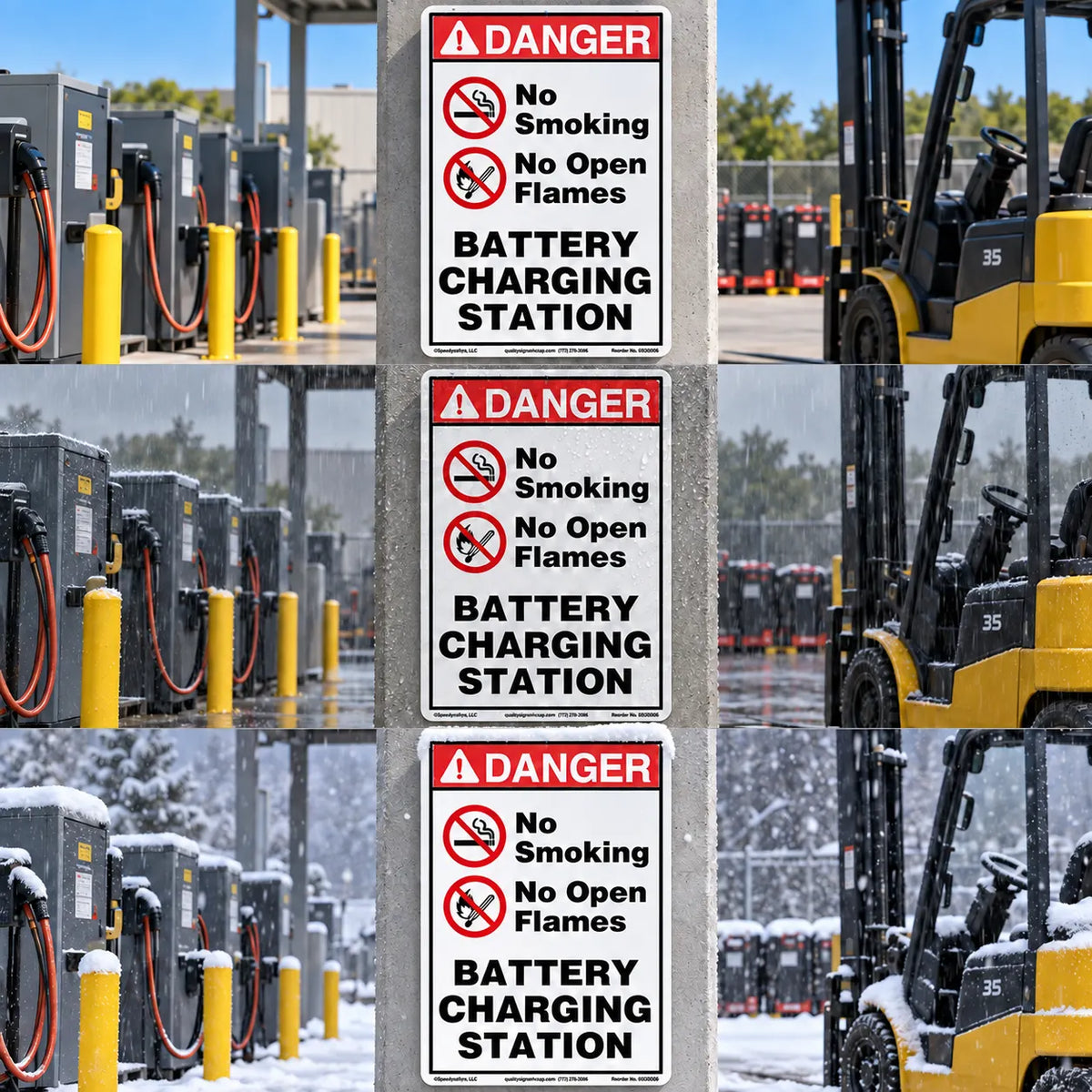 A six-panel collage showing a white warning sign with red headers and black text reading 'DANGER No Smoking No Open Flames BATTERY CHARGING STATION,' placed in front of battery charging equipment and a yellow forklift in outdoor snowy and sunny settings.