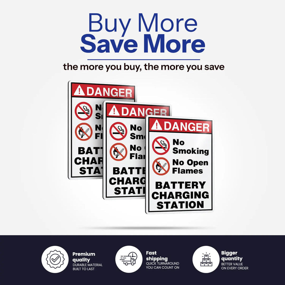 Three rectangular warning signs with red 'DANGER' headers and prohibition symbols for smoking, flames, and battery charging station use, shown on a light gray background with promotional text above and feature icons below.