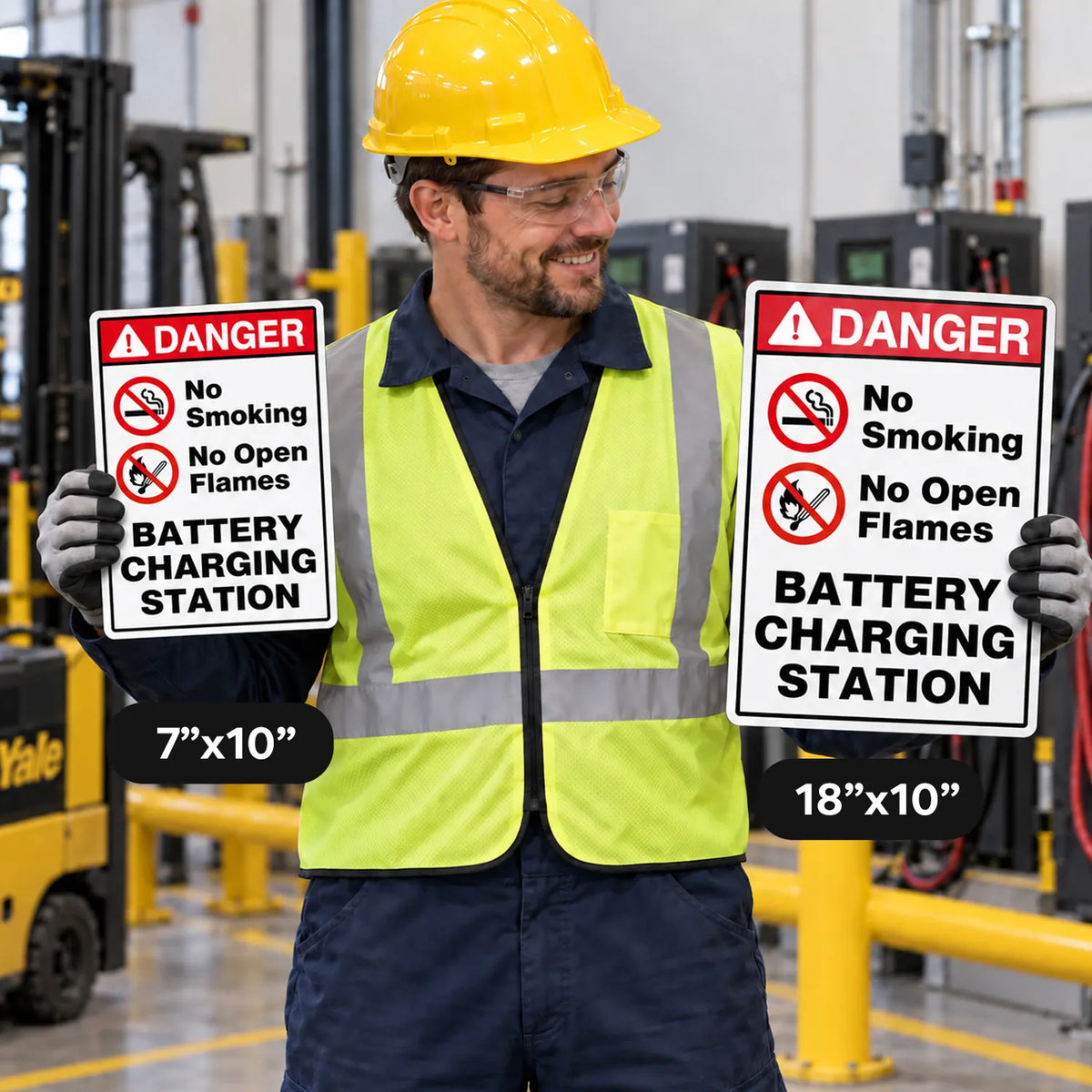 A man in a yellow hard hat and high-visibility vest stands in a warehouse holding two battery charging station warning signs. One sign is 7x10 inches and the other is 18x10 inches.