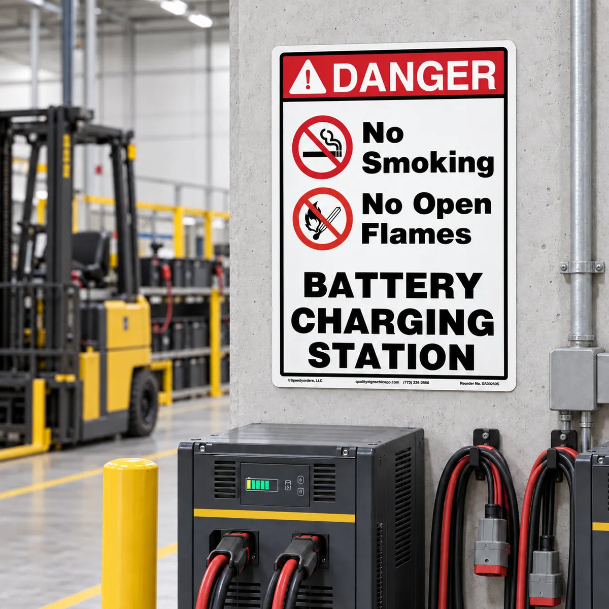 A safety sign reading 'DANGER No Smoking No Open Flames Battery Charging Station' mounted on a concrete pillar in a warehouse, with a battery charging unit and cables below and a forklift blurred in the background.