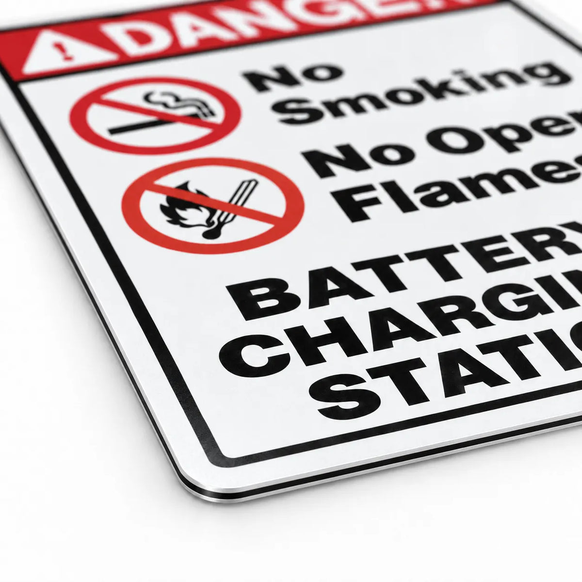 Detail zoom of the DANGER- Battery Charging Station sign.