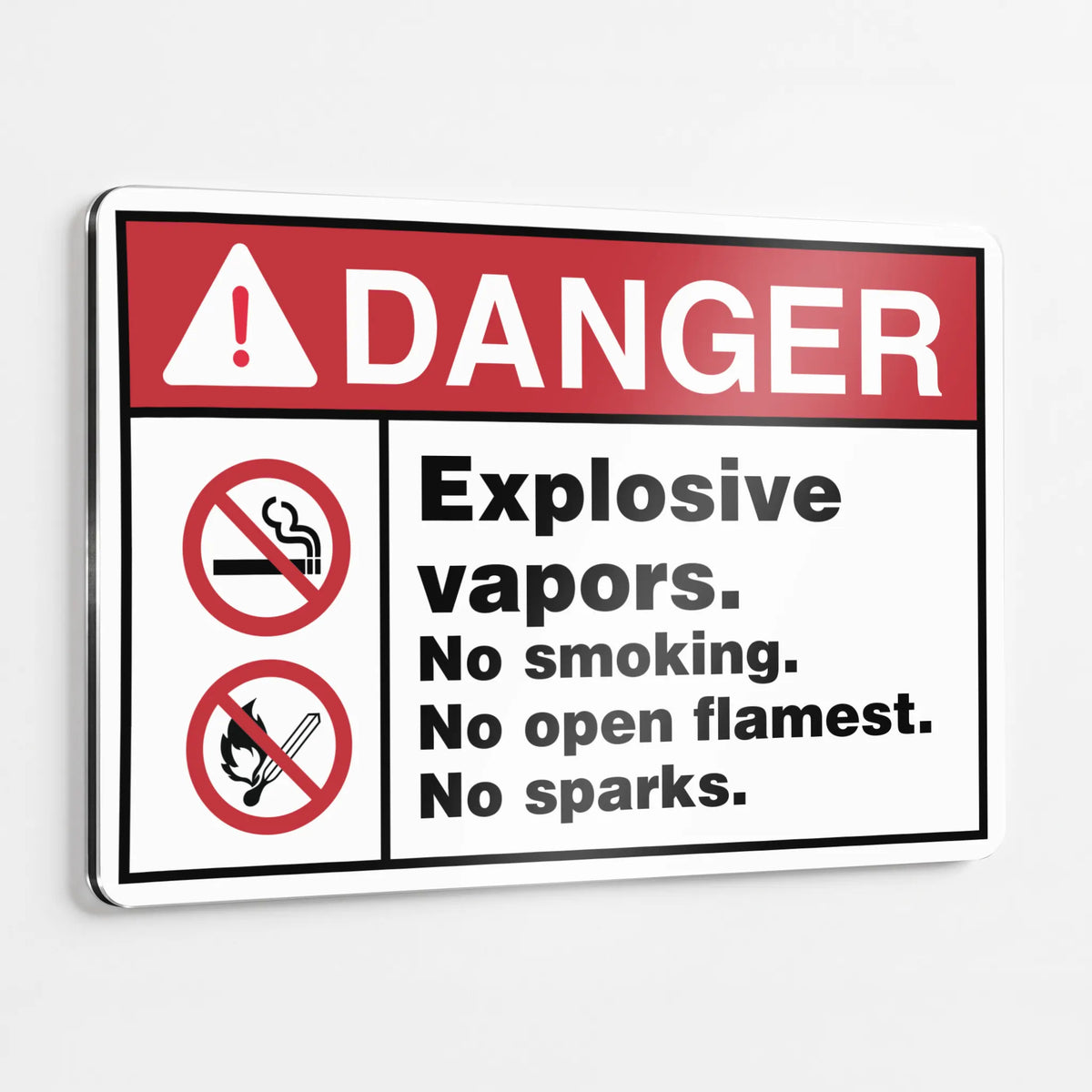 ANSI Z535.2-2023 Danger Explosive Vapors No Smoking No Open Flames No Sparks sign on heavy-duty .040 aluminum with dual ISO 7010 P002 and P003 symbols and Safety Red DANGER header