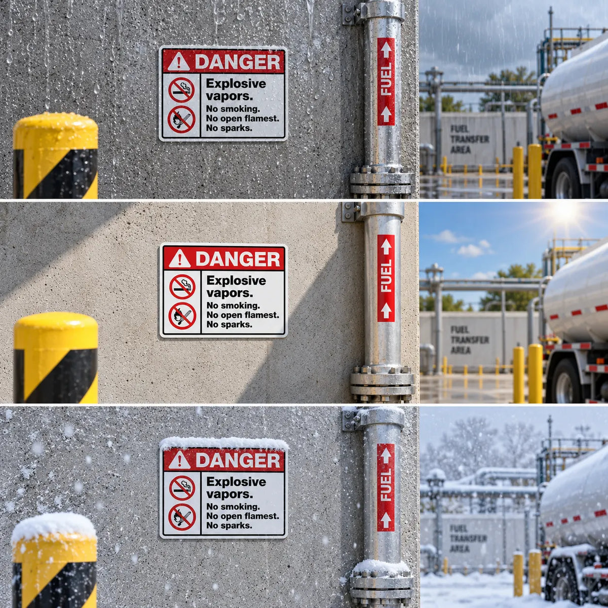 Three stacked outdoor photos show a concrete wall with a metal fuel pipe and a red-and-white 'DANGER Explosive vapors. No smoking.