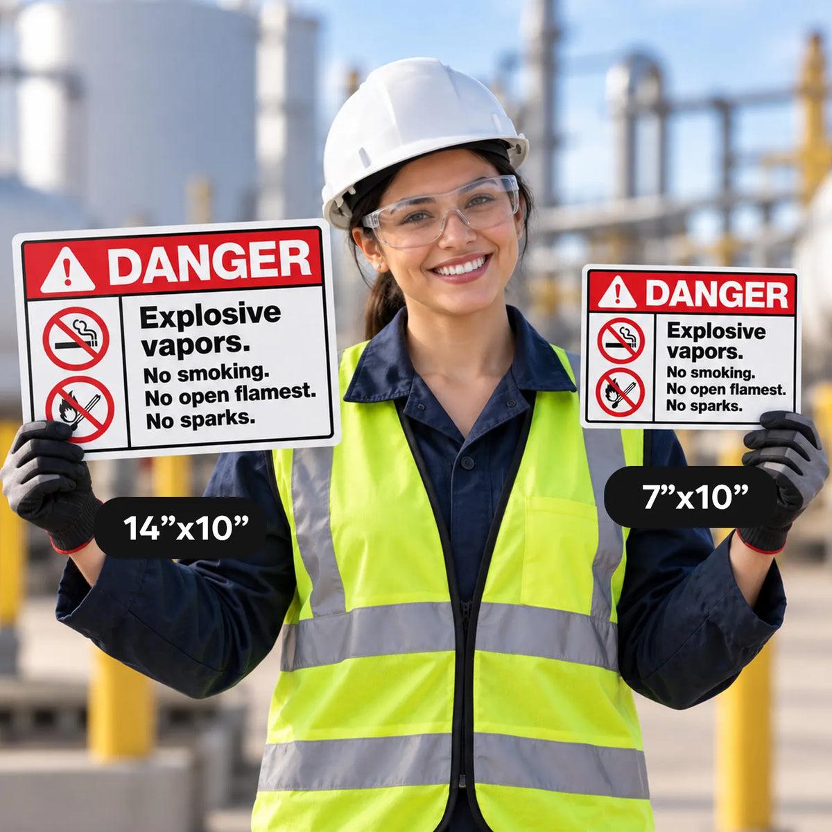 A smiling woman in a white hard hat, safety glasses, and a high-visibility vest holds two warning signs that read 'DANGER Explosive vapors. No smoking.