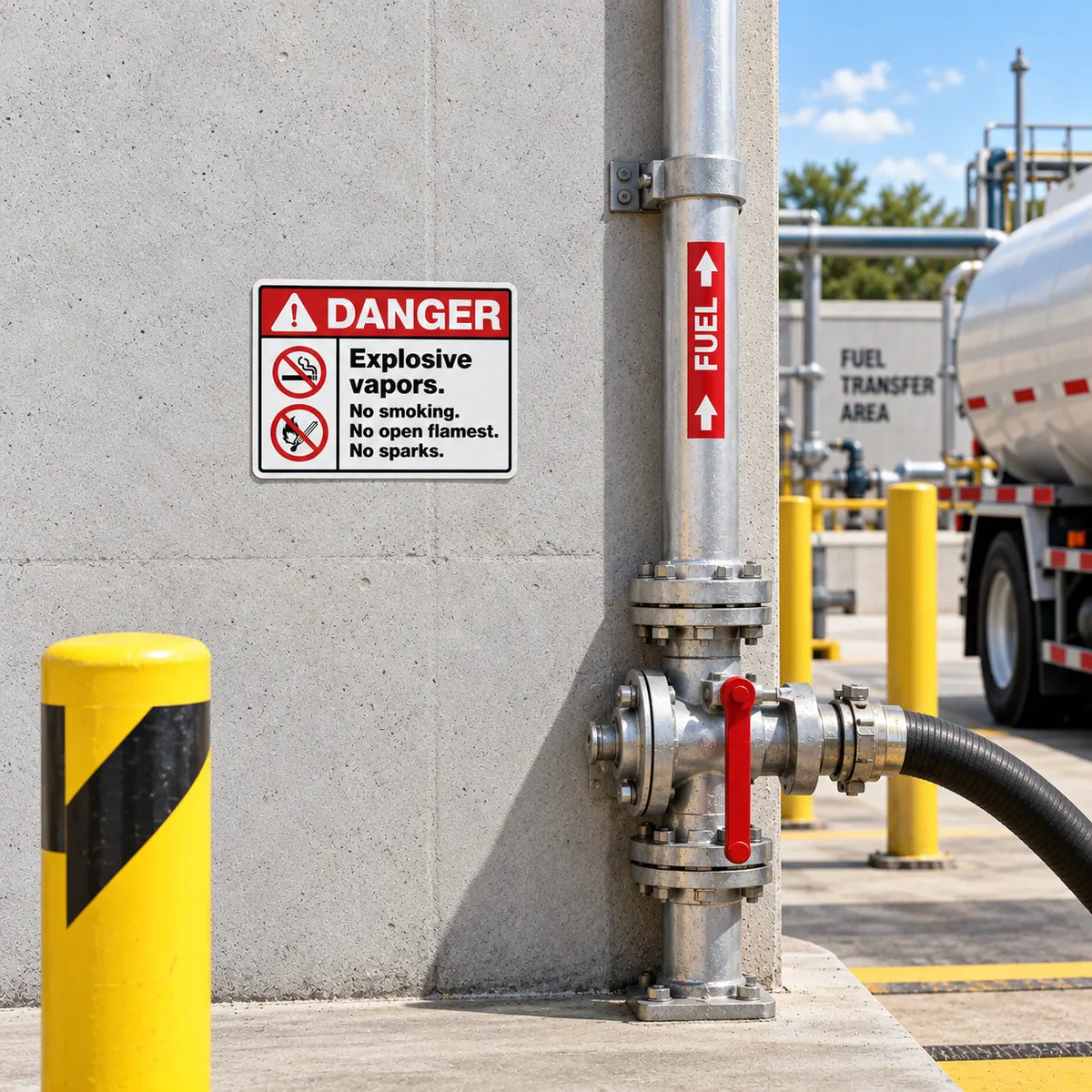 Industrial fuel transfer station scene with a metal fuel valve and pipe on a concrete wall, a red-and-white vertical FUEL sign, a yellow-and-black safety bollard, and part of a fuel tanker truck in the background.