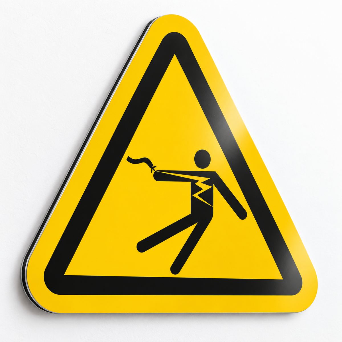 Yellow triangle electric shock hazard warning sign with black figure being electrocuted by a live wire, symbol-only design on .040 aluminum