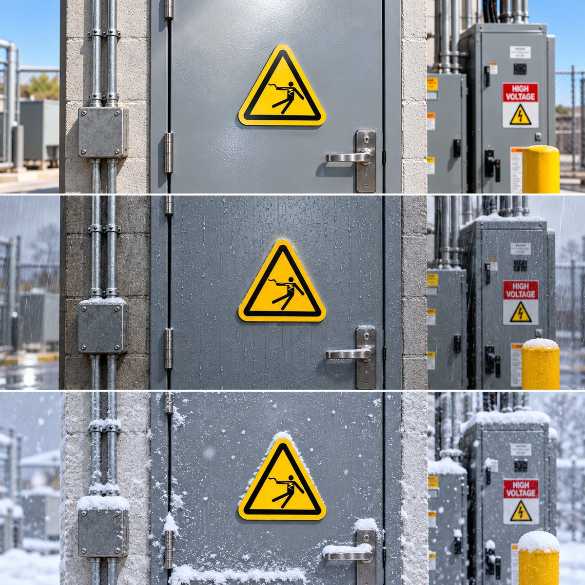 Three stacked close-up views of a gray electrical enclosure door with a yellow triangular high-voltage warning sign. Snow and outdoor equipment are visible in the background, showing the sign in different environmental conditions.