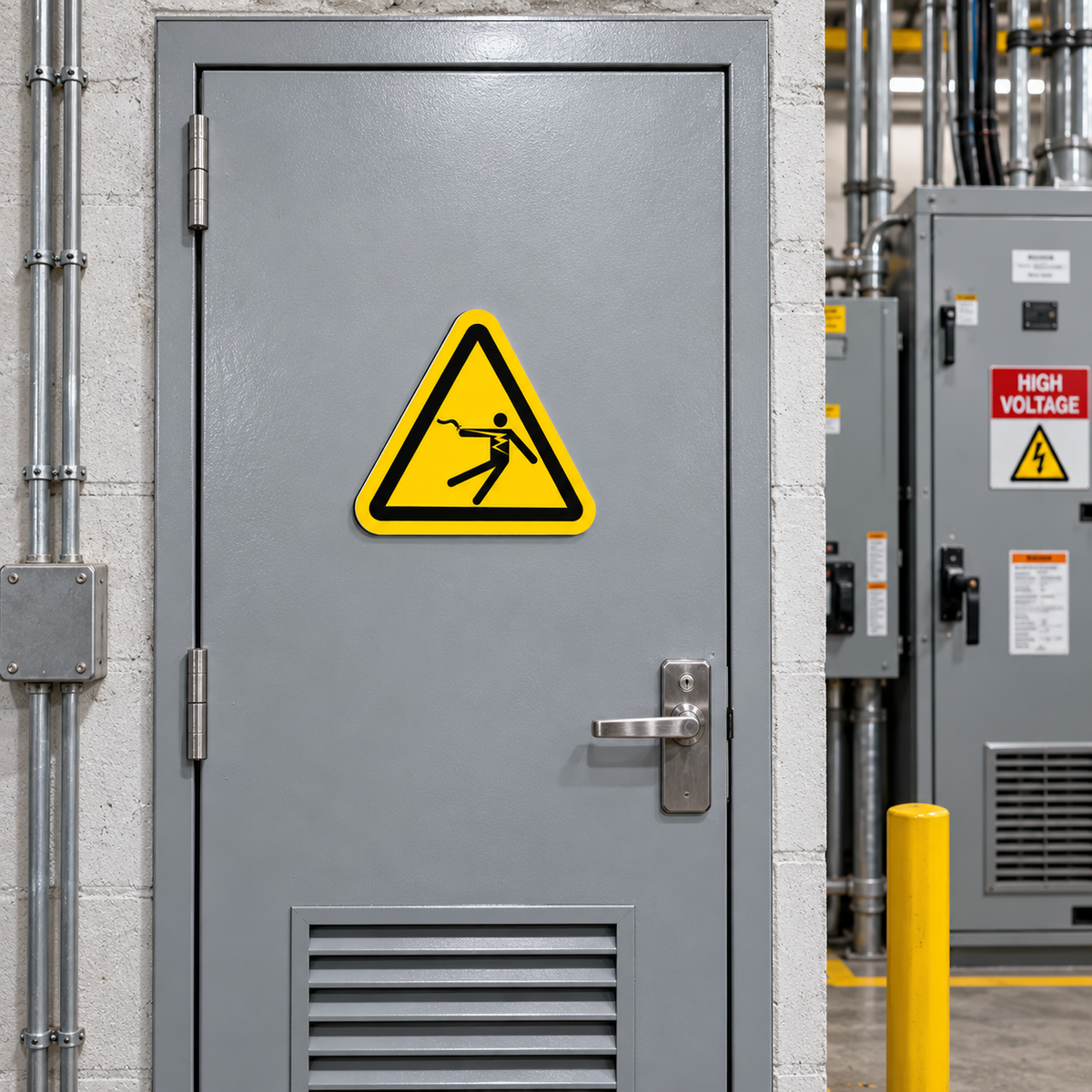 A gray industrial metal door with a yellow triangular warning sign featuring a black silhouette of a person touching high voltage lines. The door is set in a concrete-walled industrial environment with electrical equipment in the background.