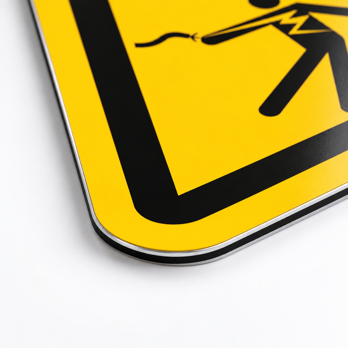 A close-up of a yellow warning sign with a black border and a stylized figure icon, photographed on a clean white background.