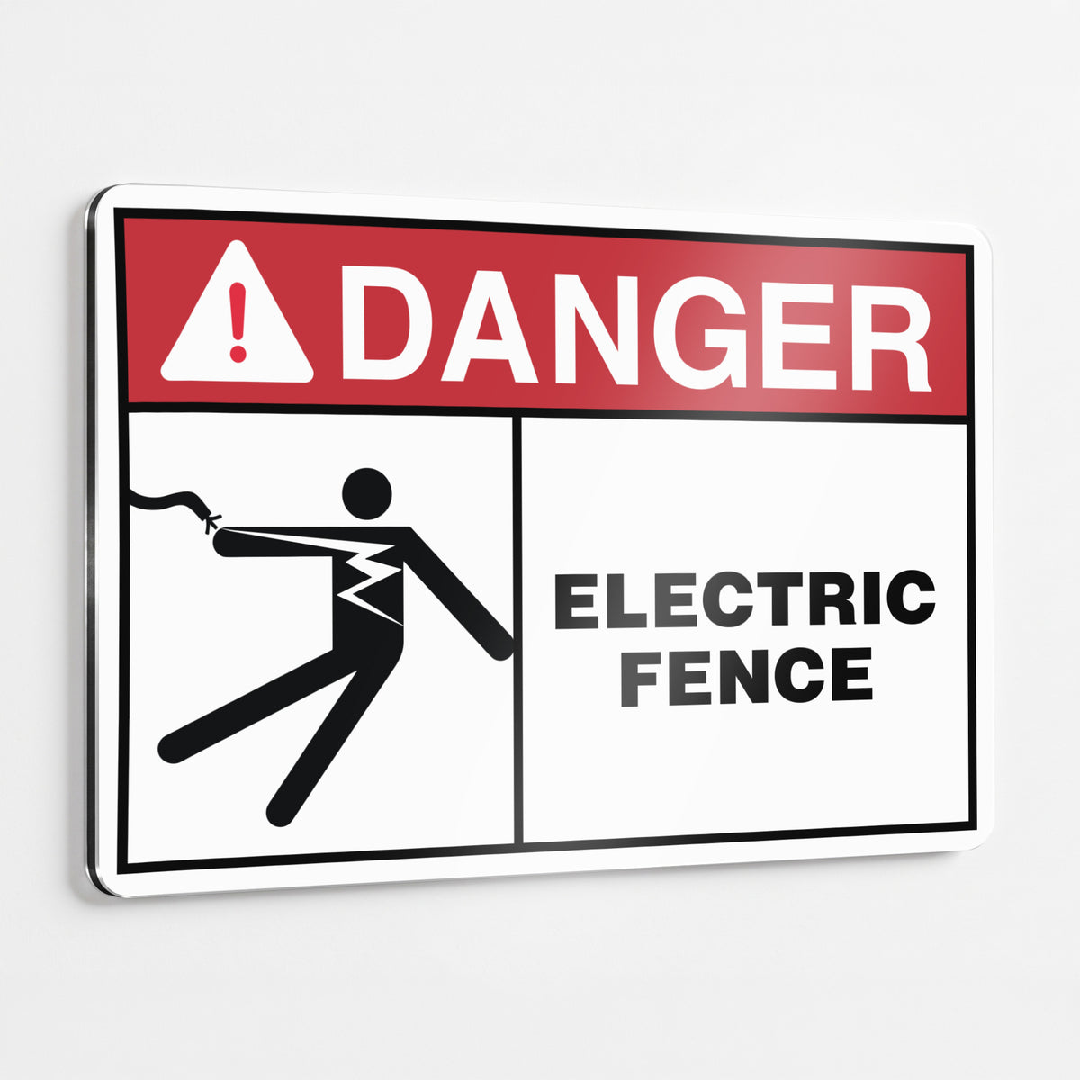 ANSI Z535.2-2023 Danger Electric Fence sign with electric shock figure symbol and Safety Red DANGER header on heavy-duty .040 aluminum
