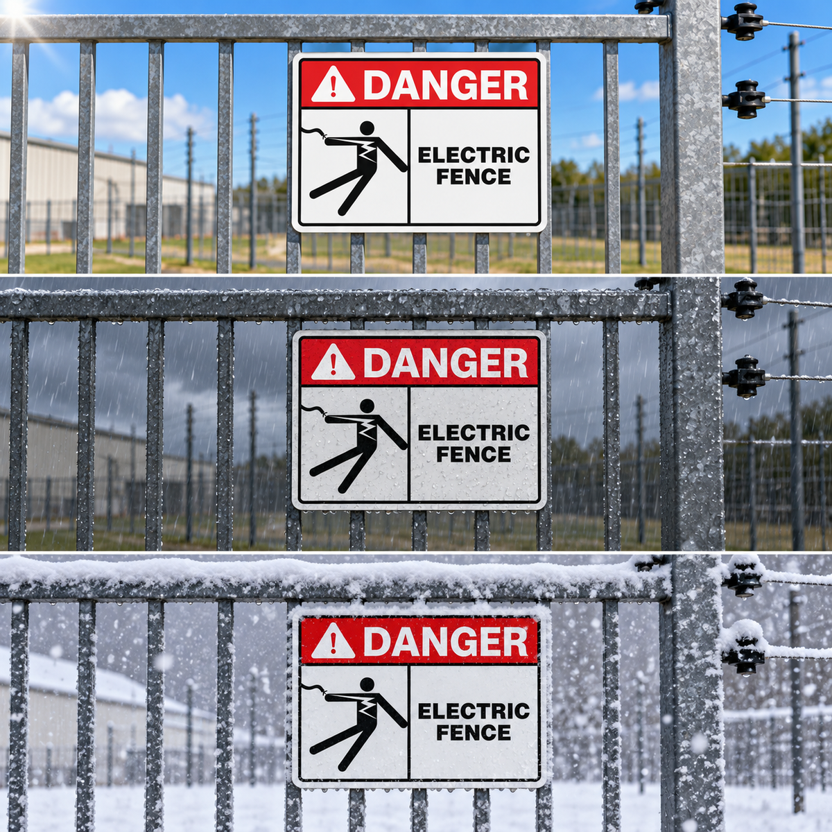 Three identical electric fence warning signs are mounted on a galvanized metal fence in an outdoor snowy setting. Each sign features a red header with 'DANGER' in white text, a black silhouette icon of a person touching the fence, and 'ELECTRIC FENCE' in black text on a white background.