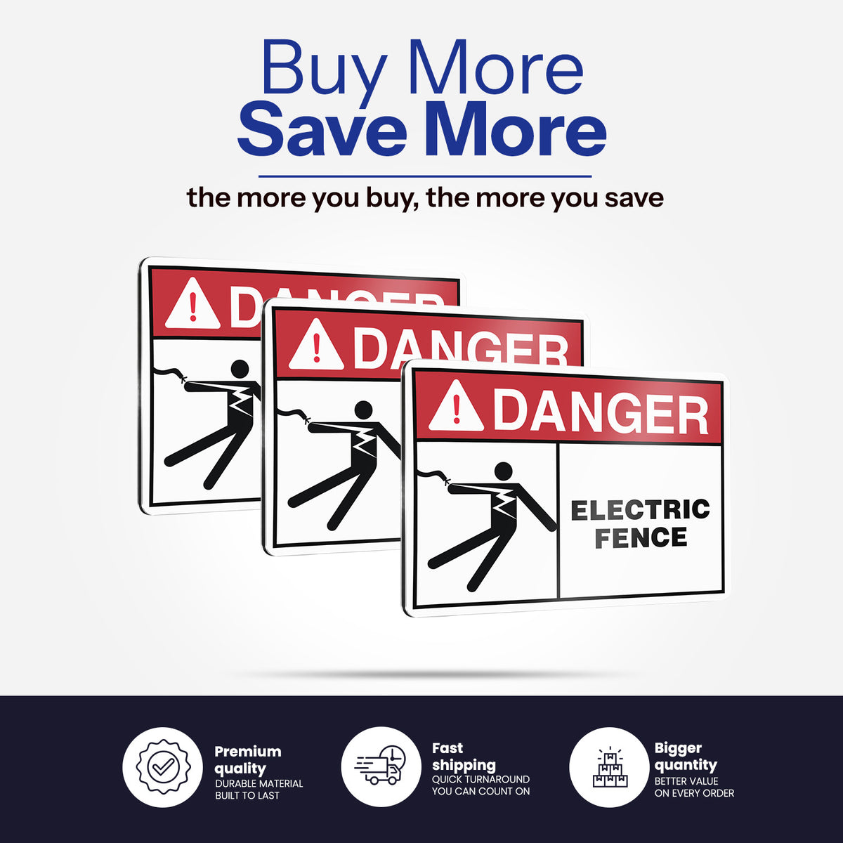 Three warning signs for an electric fence displayed on a light gray background with promotional text 'Buy More Save More' at the top and feature icons at the bottom.