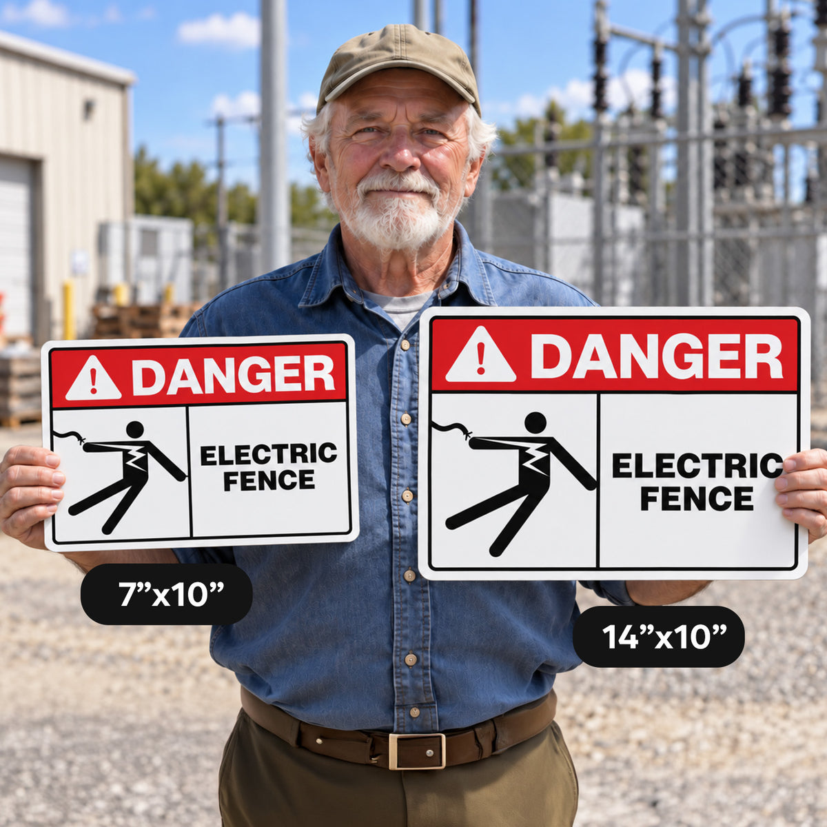 An older man stands outdoors holding two electric fence warning signs. The signs read “DANGER” and “ELECTRIC FENCE” with a black silhouette of a person touching the fence.