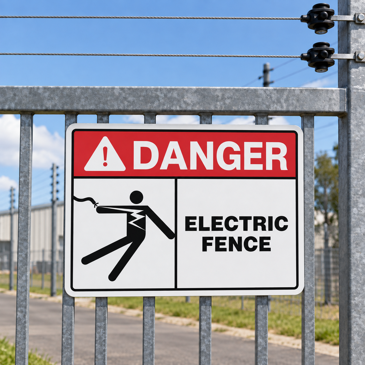 A rectangular electric fence warning sign mounted on a metal gate. The sign has a red header with a white warning icon and the word 'DANGER,' plus a black-and-white illustration of a person touching the fence, with the text 'ELECTRIC FENCE' on a white background.