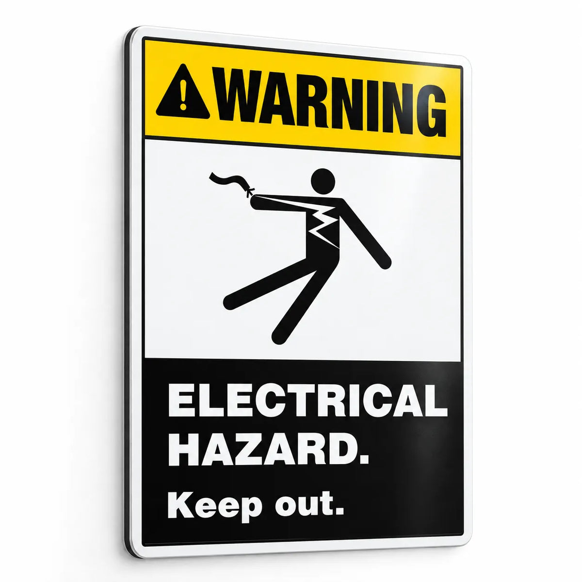 Vertical ANSI Z535.2-2023 Warning Electrical Hazard Keep Out sign with electric shock symbol and white on black message panel on .040 aluminum